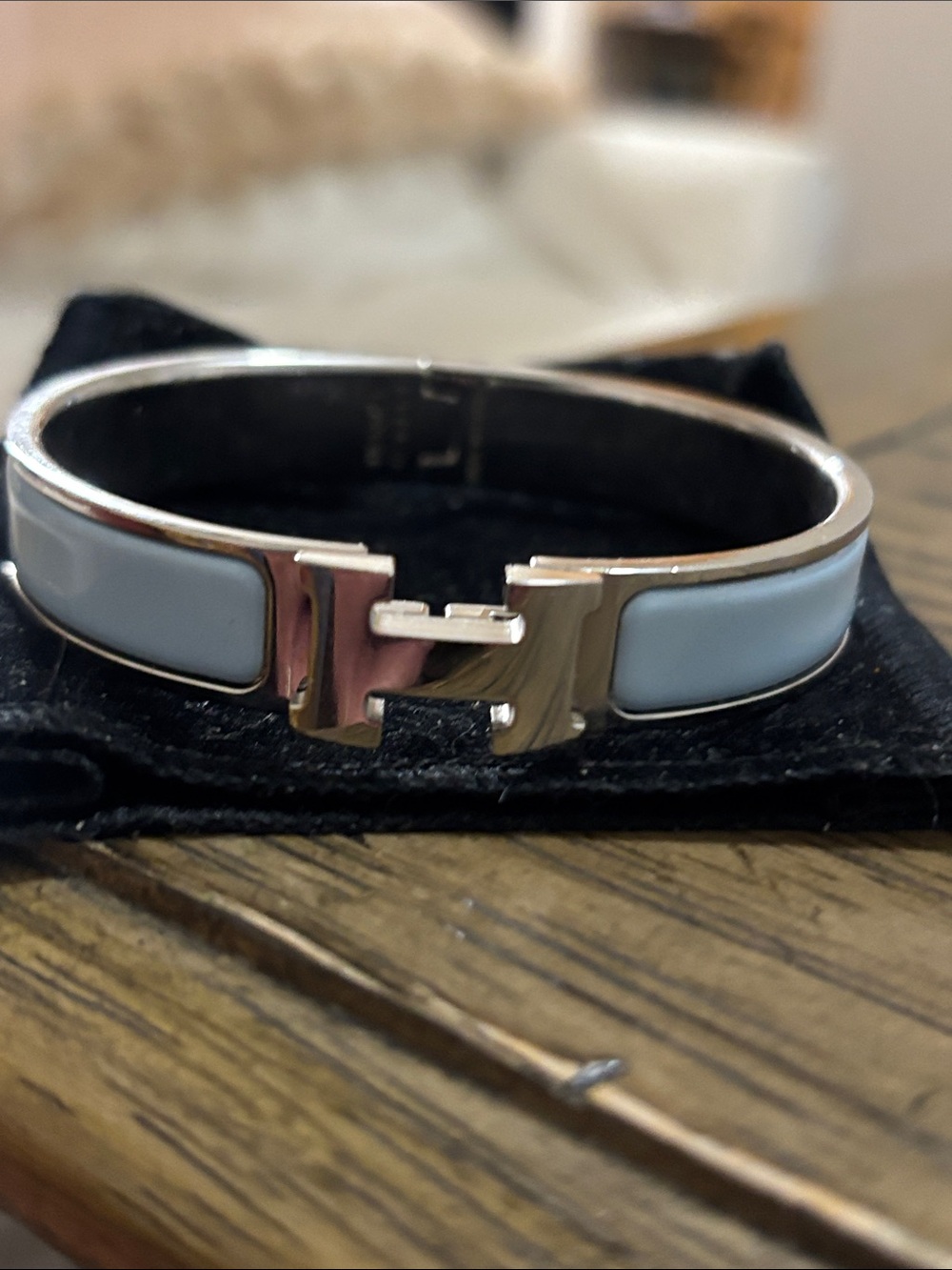 Hermes Pale Blue and Silver Enamel H Cuff Bracelet